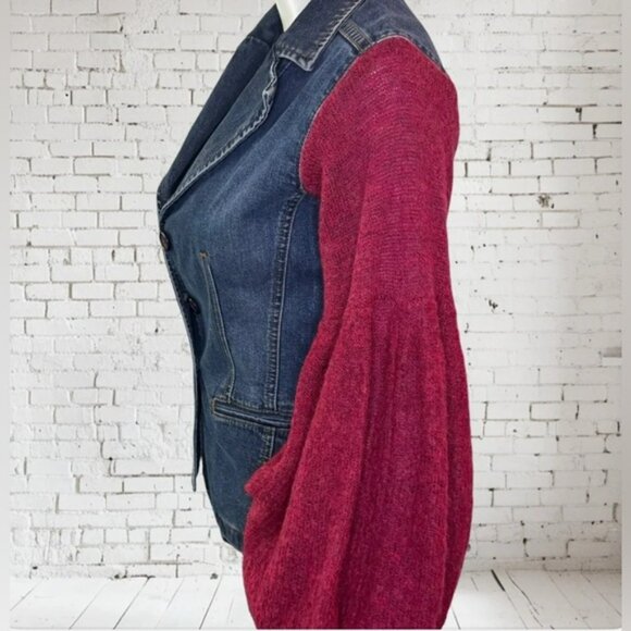 UPCYCLED one of a kind denim blazer Jacket Seven Jeans Sweater sleeves |Size Med - Picture 2 of 3